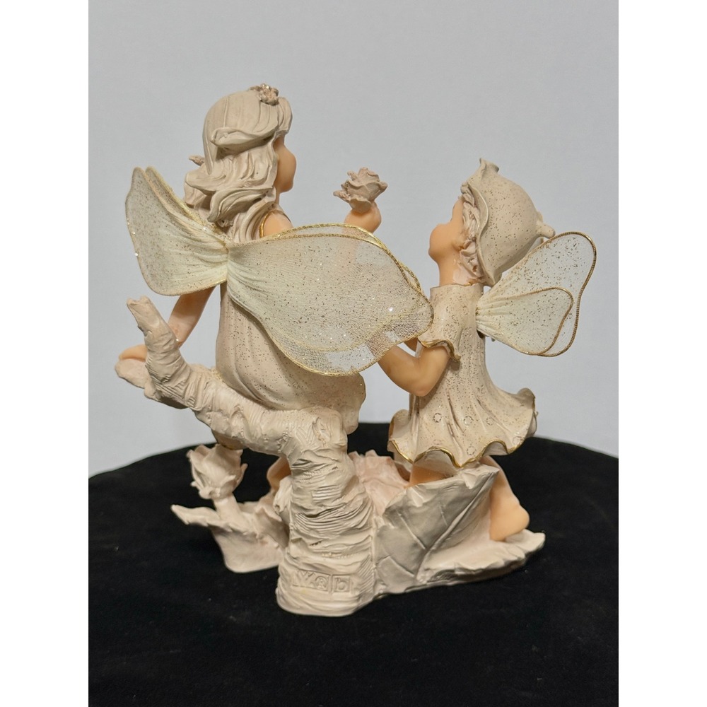 Vintage Fairy Figurine Two Child Fairies with Roses Mesh Wings Glitter Decor